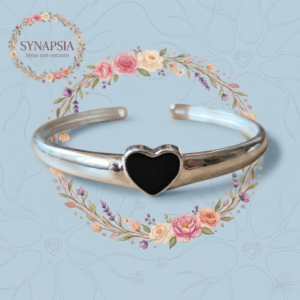 Pulsera Rígida Ajustable de plata de ley con corazón negro